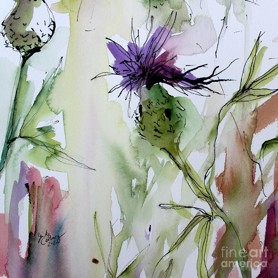Thistles Modern floral Art Watercolor and Ink by Ginette Painting by Ginette Callaway