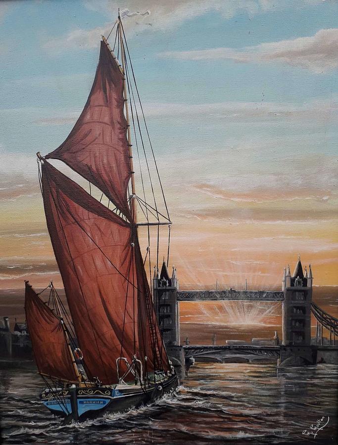 Thmes Sailing Barge Dannebrog heading towards Tower Bridge London Painting by Mackenzie Moulton