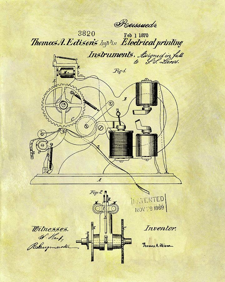 Thomas Edison Printing Machine Patent Drawing by Dan Sproul | Fine Art ...