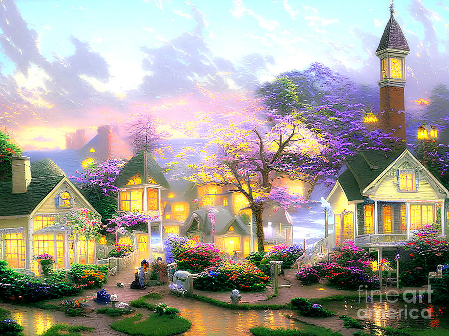 Thomas Kinkade Inspired Home For Supper In The Quiet Old Town 20220930a Mixed Media by Wingsdomain Art and Photography