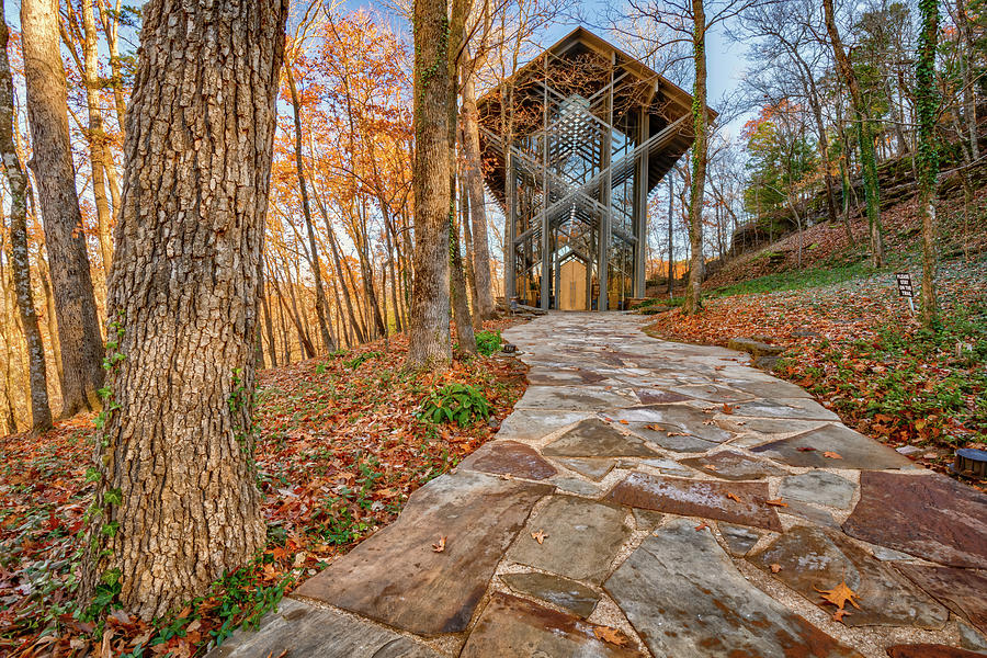Thorncrown Chapel Photograph - Thorncrown Chapel And Ozark Mountain Autumn Landscape by Gregory Ballos
