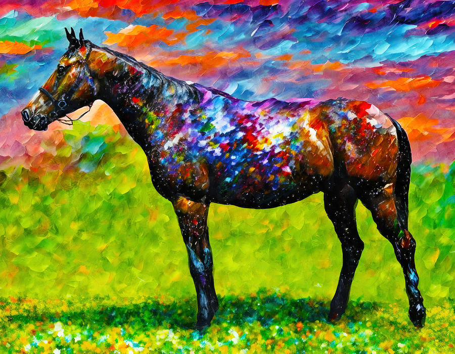 Thoroughbred horse on a pasture - colorful abstract painting Digital Art by Nicko Prints