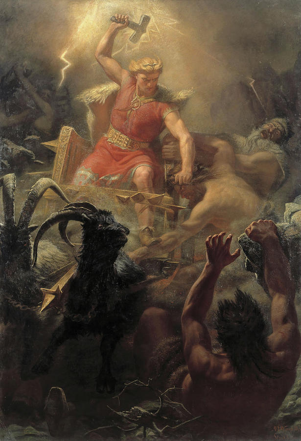 Thors Fight with the Giants, 1872. Oil on canvas. 484 x 333 cm. Painting by Marten Eskil Winge