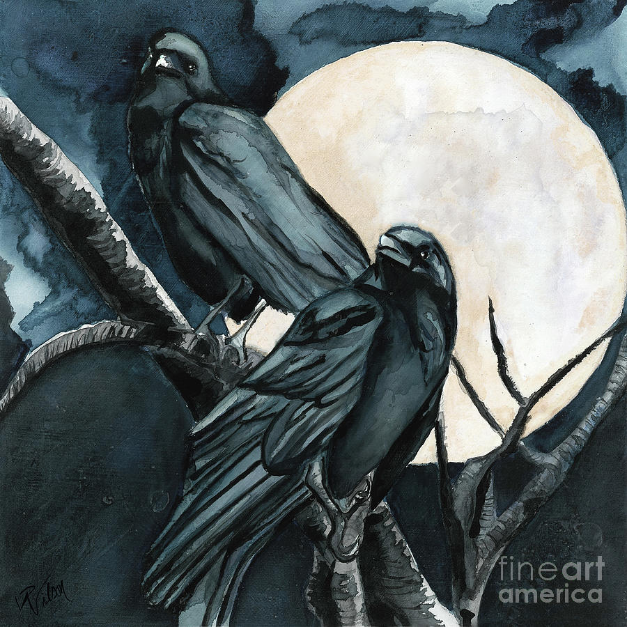 Halloween Painting - Thought and Memory Crow Moon series by D Renee Wilson