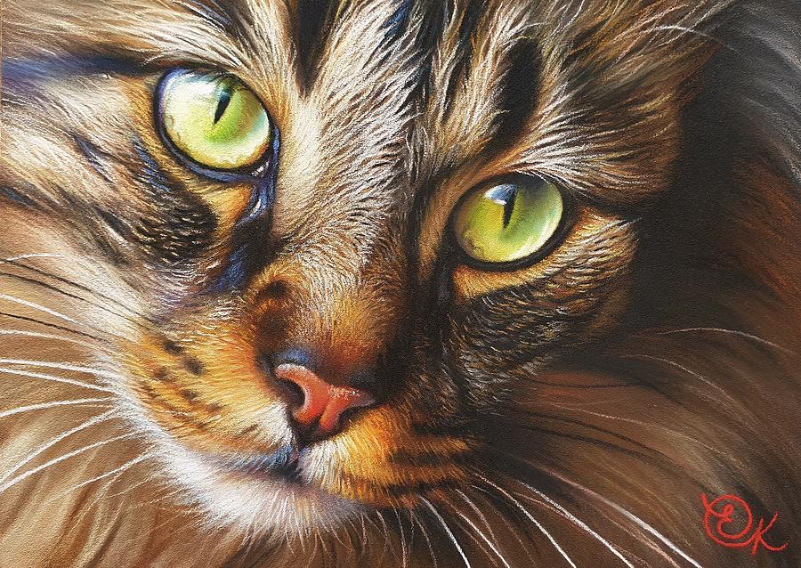Cat Painting - Thoughtful by Elena Kolotusha