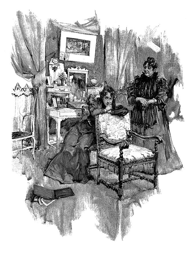 Thoughtful women in the living room - 1896 Drawing by Maodesign