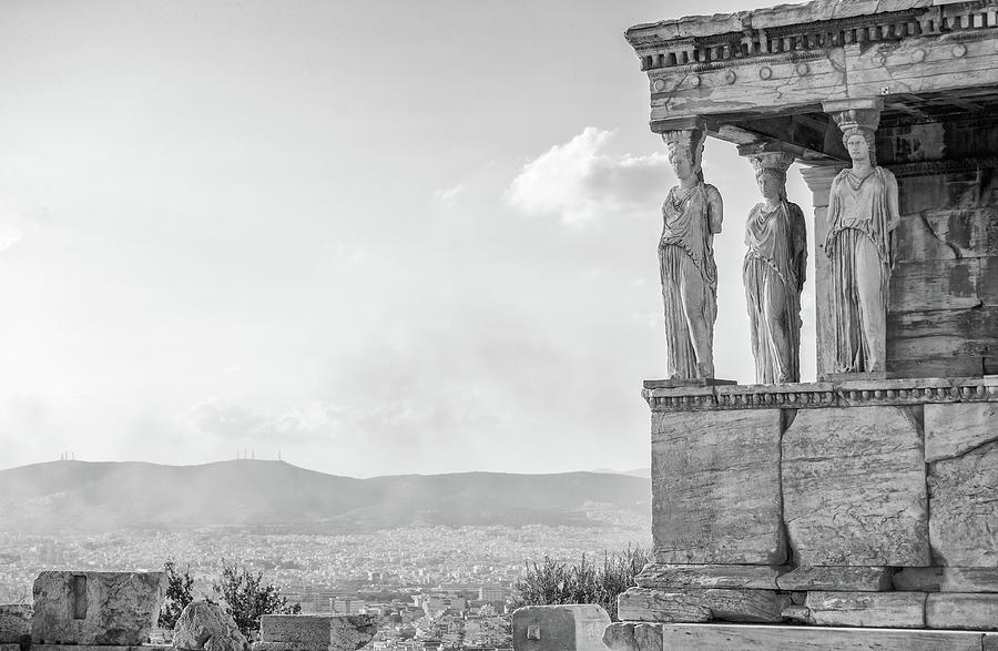 Three Acropolis Erechtheion Maiden Porch Caryatids Athens Greece Black and White Photograph by Shawn OBrien