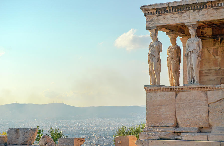 Three Acropolis Erechtheion Maiden Porch Caryatids Athens Greece Photograph by Shawn OBrien