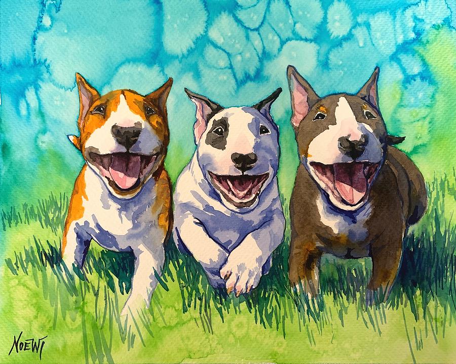 Three Amigos Bull Terrier puppies Painting by Jindra Noewi