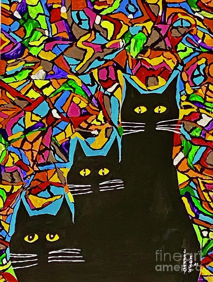 Three Amigos Cats In Abstract.  Painting by Jeffrey Koss