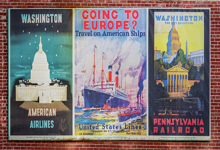 Three Antique Posters On The Wall Of Transportation Walk Photograph