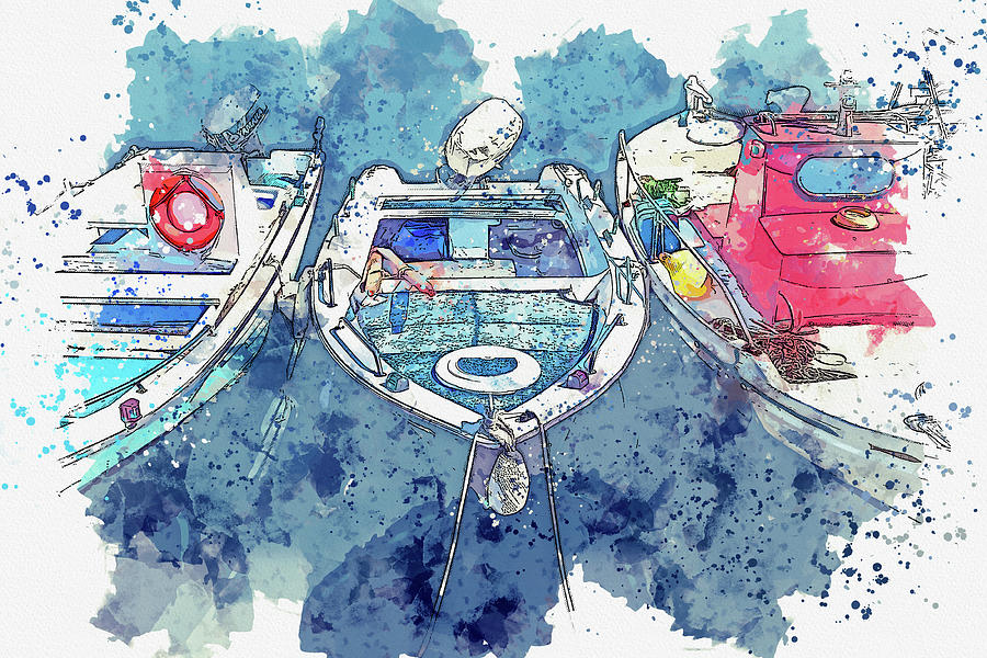 three assorted boats dock in a pier, ca 2021 by Ahmet Asar, Asar Studios Painting by Celestial Images