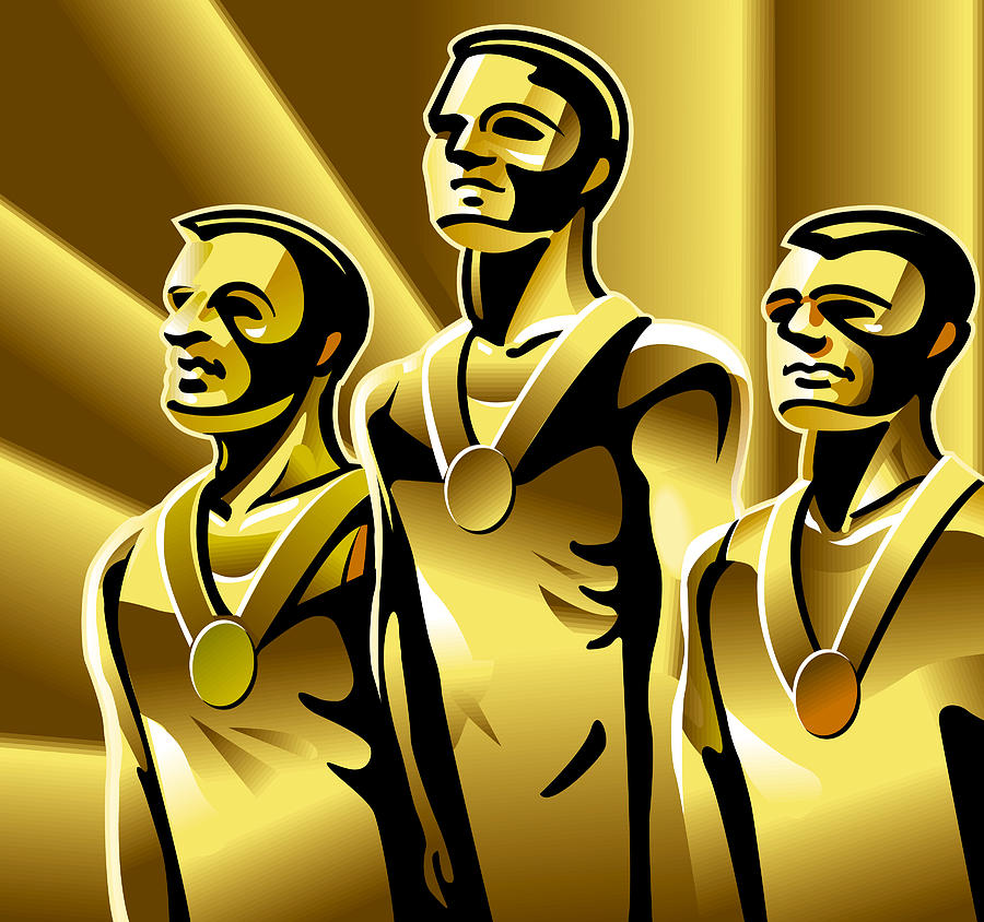 Three athletes on podium with medals around their necks, smiling Drawing by Stockbyte