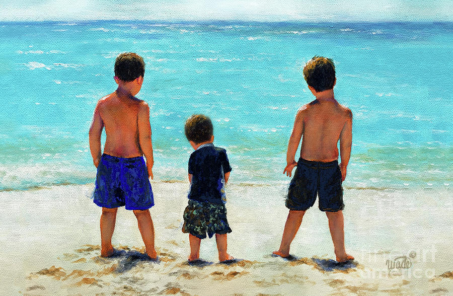 Three Brothers Painting - Three Beach Boys Aqua Sea Brunettes by Vickie Wade