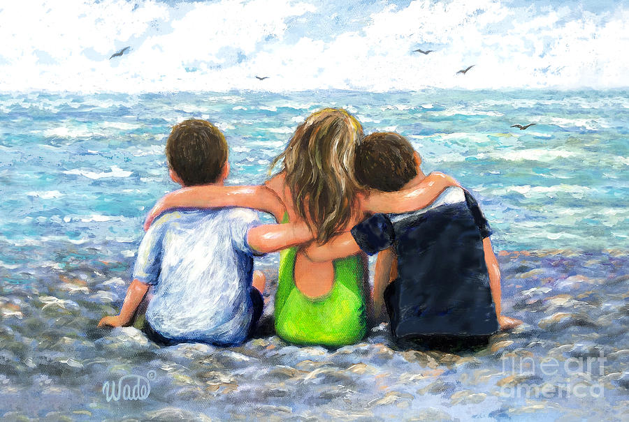 Three Beach Children Hugging Brunette Boys Painting by Vickie Wade