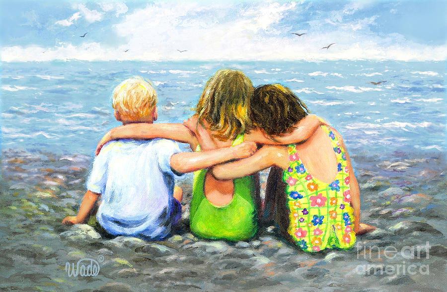 Three Children Painting - Three Beach Children Hugging by Vickie Wade