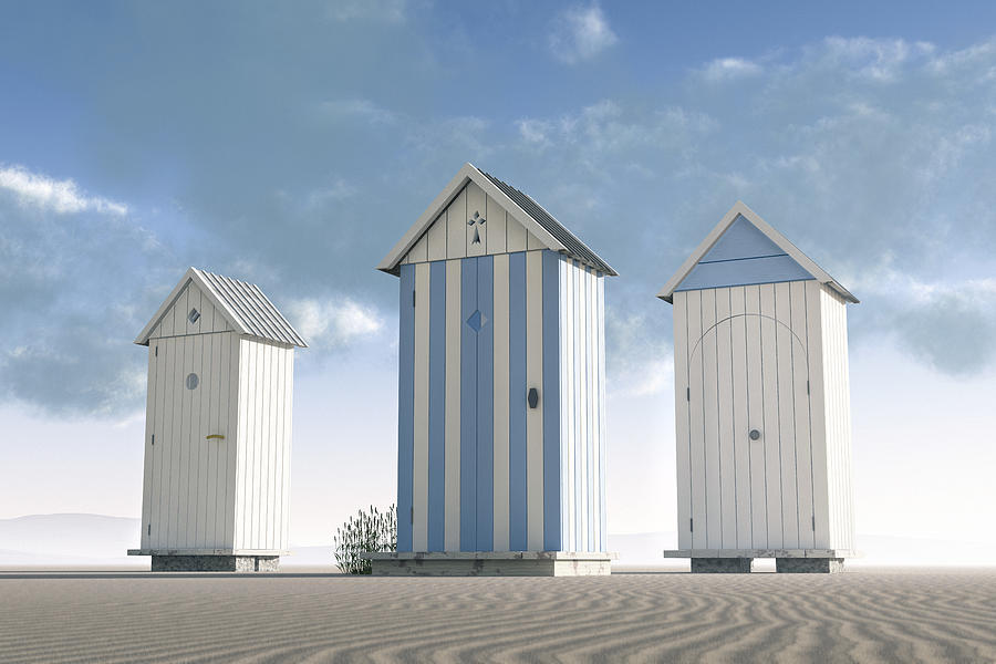 Three beach huts on an empty beach Photograph by Artpartner-images