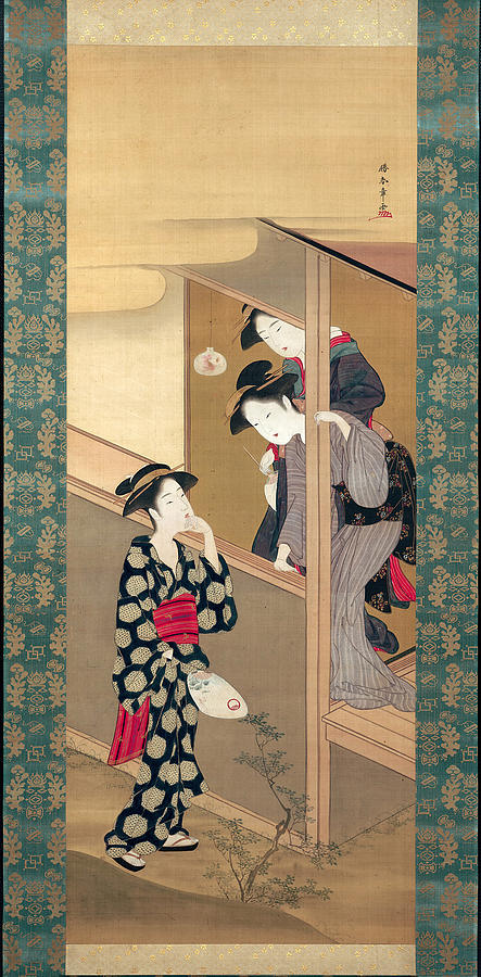 Three Beauties Chatting by a Veranda Painting by Katsukawa Shunsho
