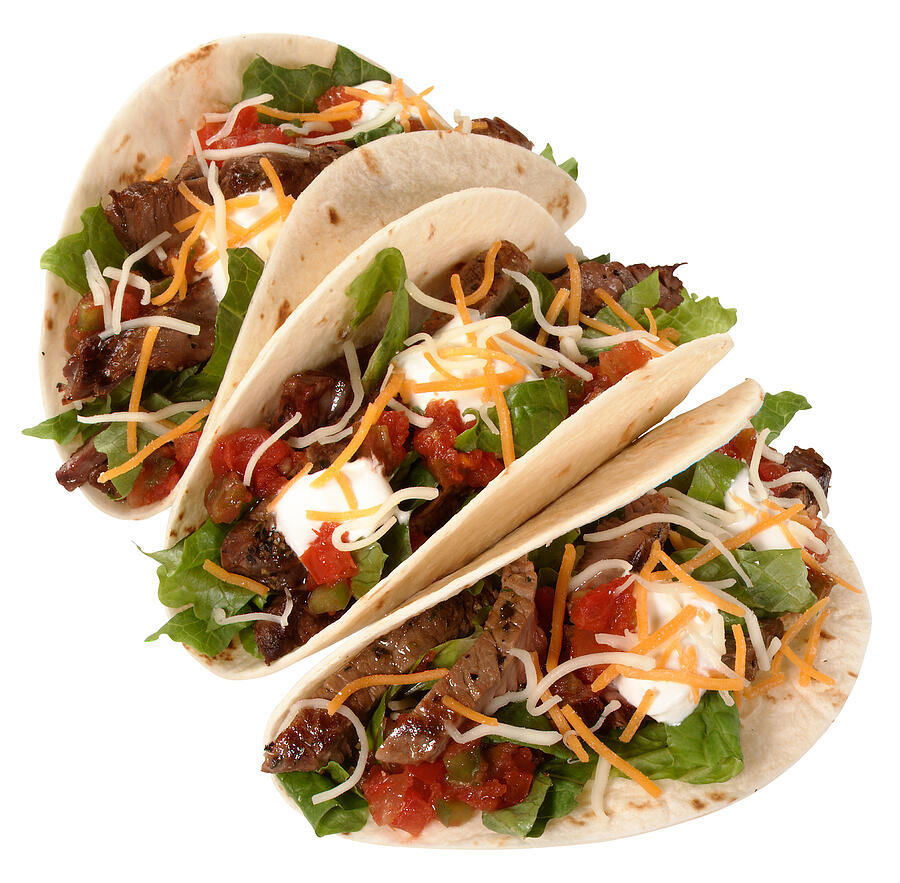 Three beef tacos on a white background Photograph by HighImpactPhotography