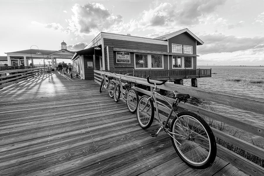 Three Bicycles on the Dock Black and White Jekyll Island Photograph by Debra and Dave Vanderlaan