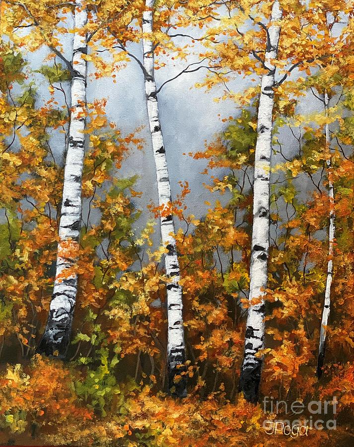 Three birch trees, fall is here Painting by Inese Poga