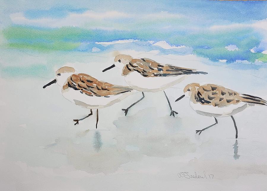 Three Birds on the Beach Painting by Ann Frederick