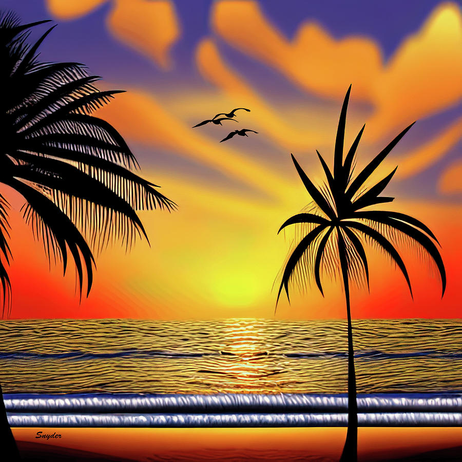 Three Birds Two Trees Tropical Sunset Abstract Digital Art by Floyd Snyder