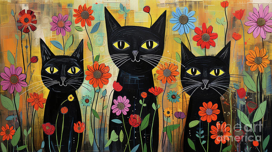 Cat Painting - Three Black Cat Friends by Tina LeCour