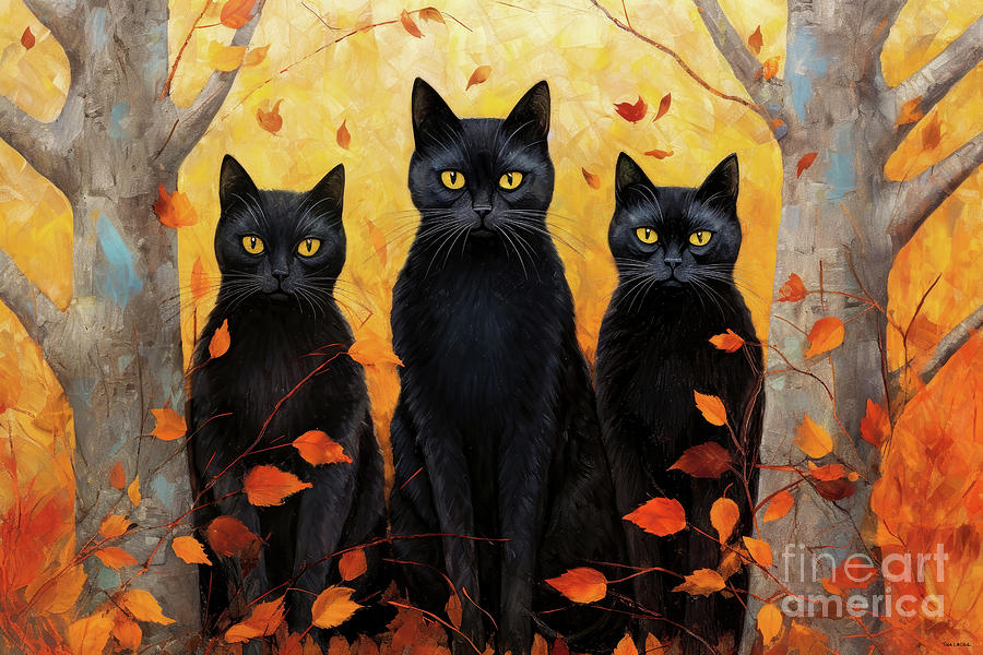 Three Black Cats In Autumn Painting by Tina LeCour