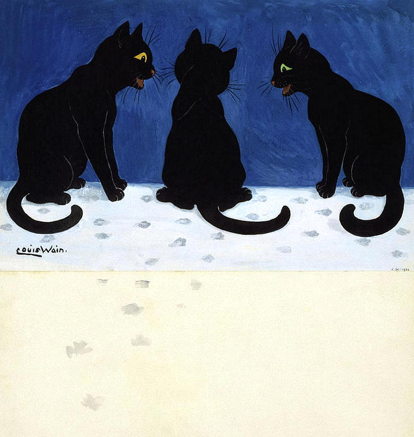 Three Black Cats In The Snow By Louis Wain Drawing