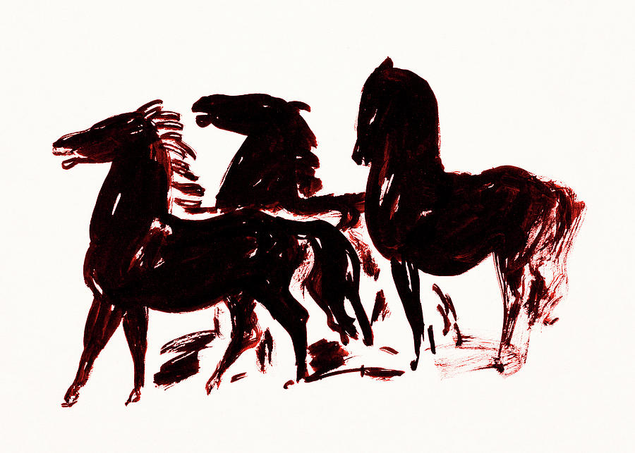 Three Black Horses Red Tone Painting by Bob Pardue