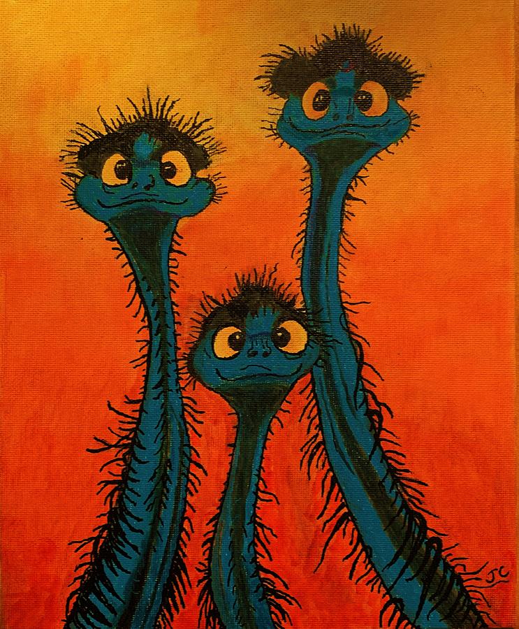 Emu Painting - Three Blue Emu by John Cunnane