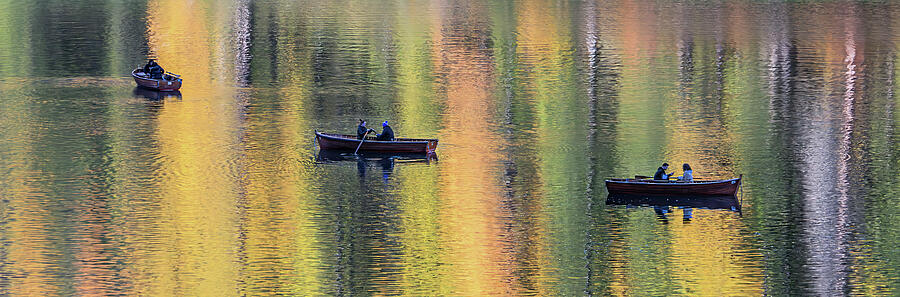 Boats on Reflective Lake Photograph - Three Boats on Reflective Lake by Elvira Peretsman