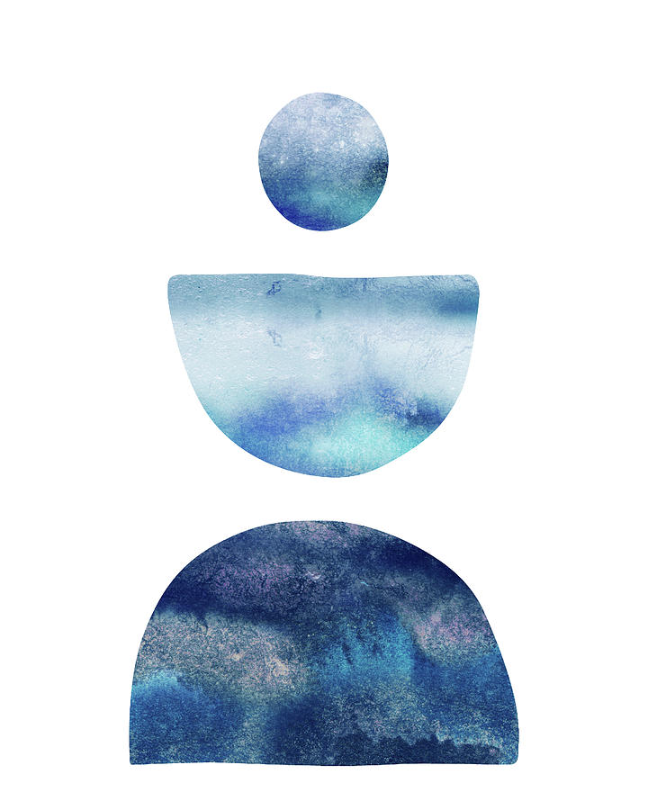 Three Boho Shape Silhouettes Graceful Zen Cairn Blue Watercolor Minimalism XIII Painting by Irina Sztukowski
