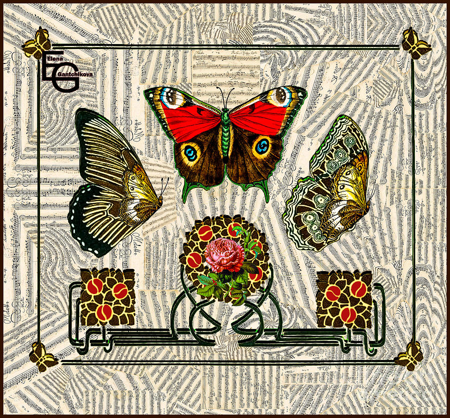 Three butterflies and Rose on a musical score framed in an art deco frame Mixed Media by Elena Gantchikova