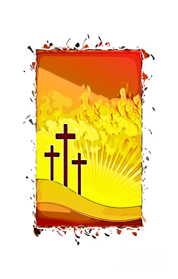 Three Calvary Crosses Sunset Design with Spatter Mixed Media by Walter Herrit