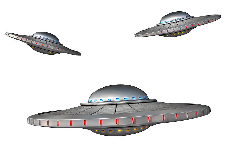 Three cartoons of flying saucers on a white background Photograph by ZargonDesign