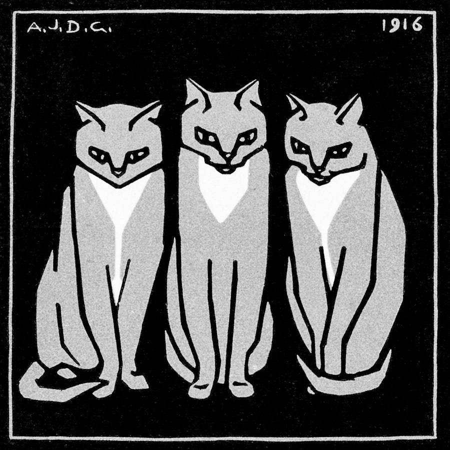 Three cats by Julie de Graag BW Drawing by Bob Pardue