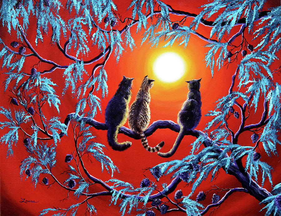 Three Cats in a Bright Red Sunset Painting by Laura Iverson