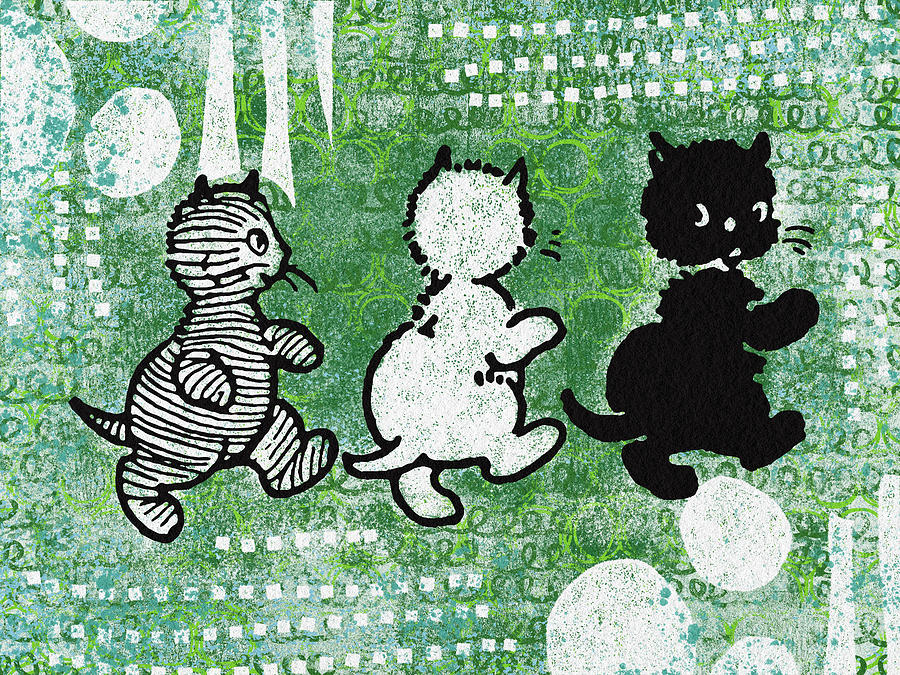 Cat Mixed Media - Three Cats On Green by Flo Karp