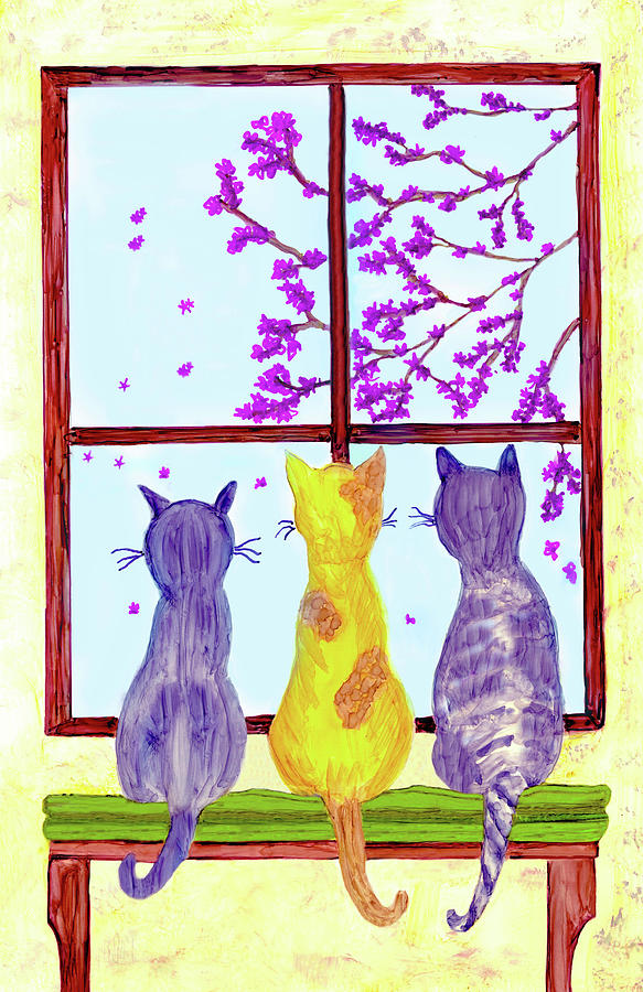 Three Cats Watch Pink Blossoms Fall From A Cherry Tree Painting by Deborah League