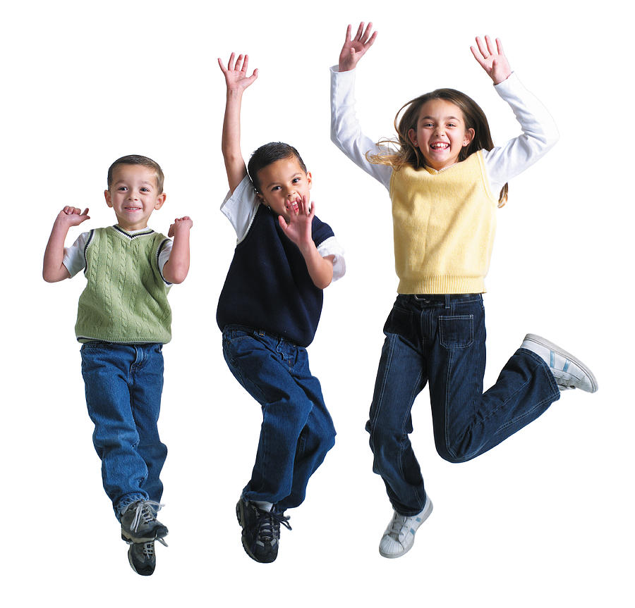 Three Caucasian Siblings Jump Up Into The Air And Laugh While Playing Together Photograph by Photodisc