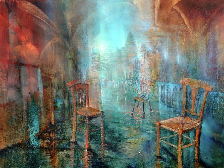 Three chairs in blue and red hall Painting by Annette Schmucker