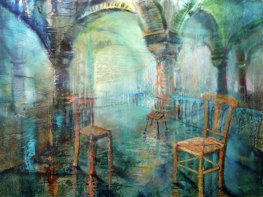 Three chairs in the blue portico Painting by Annette Schmucker