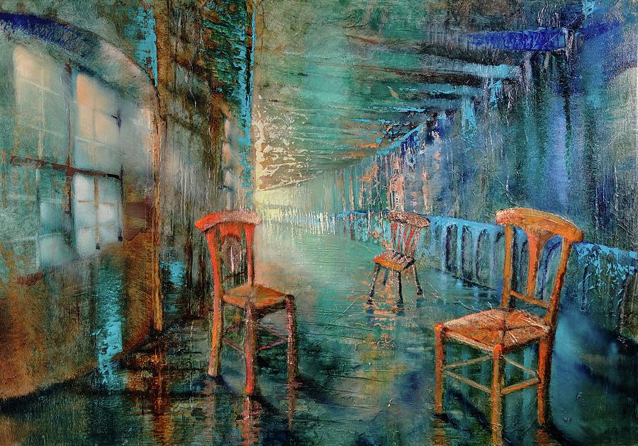 Three chairs in the blue room Painting by Annette Schmucker