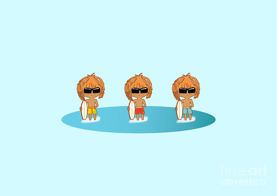 Three Cute Chibi Surfer Boys - Are They Triplets? Digital Art by Barefoot Bodeez Art