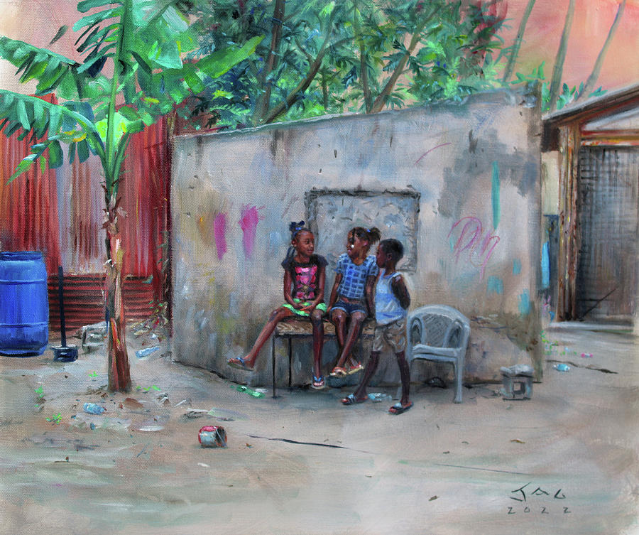 Three Children at Labatwi Painting by Jonathan Gladding JAG