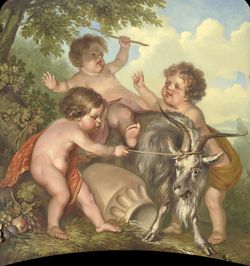 Three children playing with a goat Painting by Jurriaan Andriessen