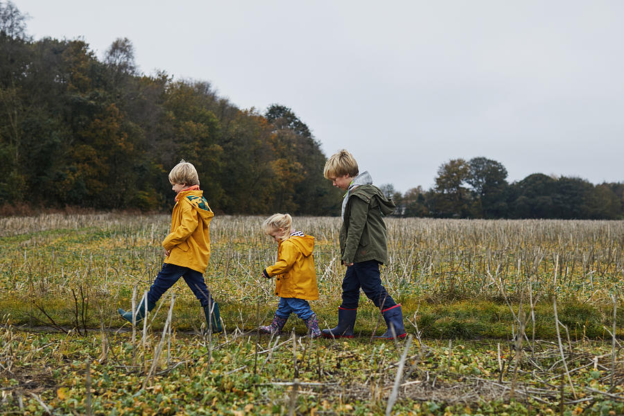 Three children waling though a field together Photograph by Sally Anscombe