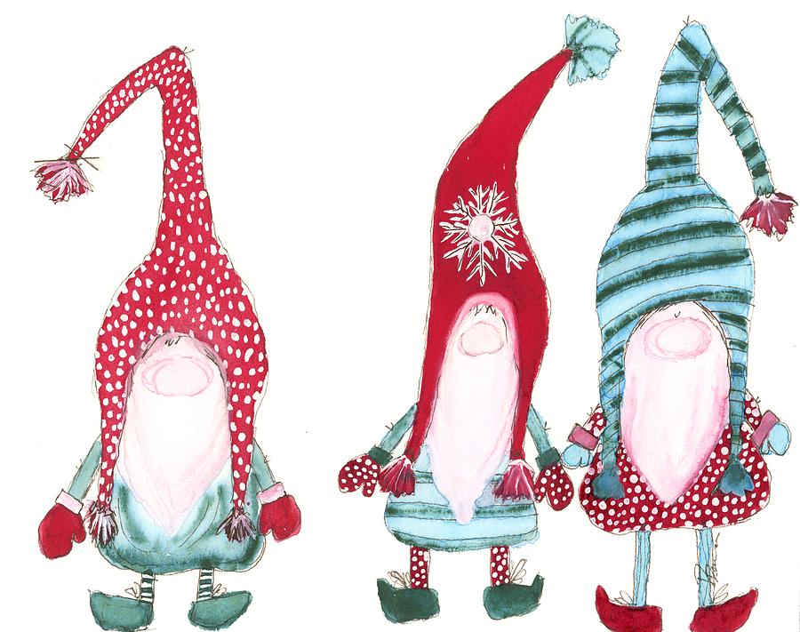 Three Christmas Gnomes Painting by Dawn Derman